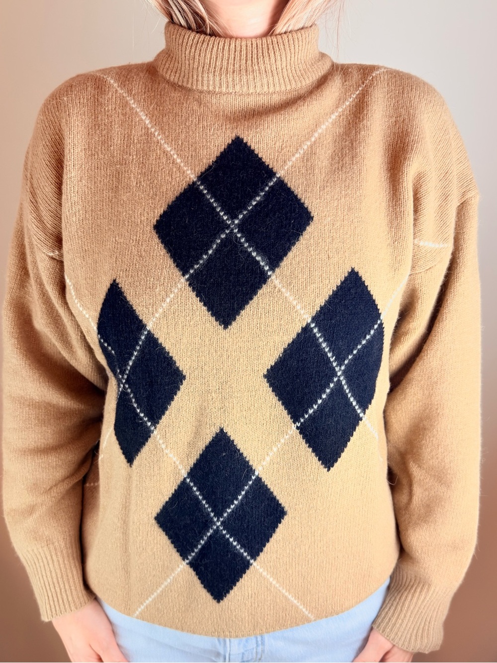 Vintage Rafaella Argyle Sweater Lambswool Angora Mock Neck Tan Brown M